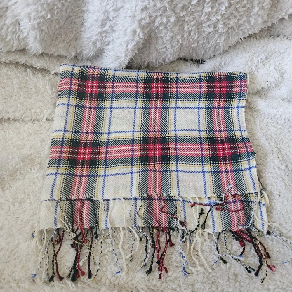 Talbots 100% Wool Tartan Plaid Scarf Red Cream‎ Green
