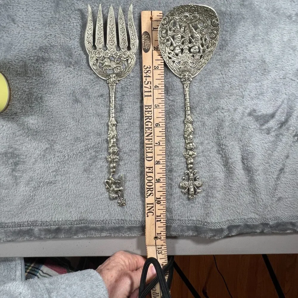 UGO BELLINI fork spoon set cherub lions silver plate vintage