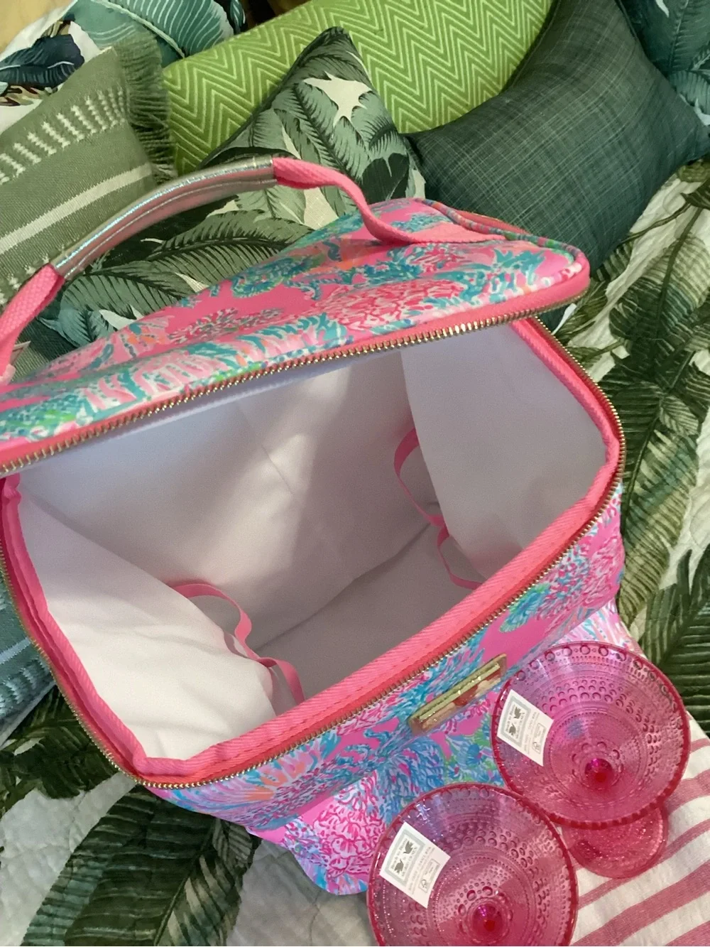 Lilly Pulitzer Hot Pink Coastal Floral Cooler Tote with Pink Glasses