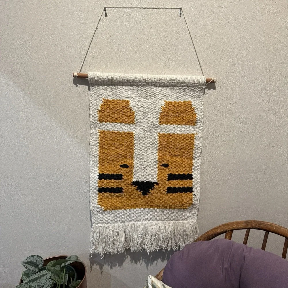 Boho Cat Tiger Wall Macrame Hanging Tapestry Woven Textile Art With Fringe