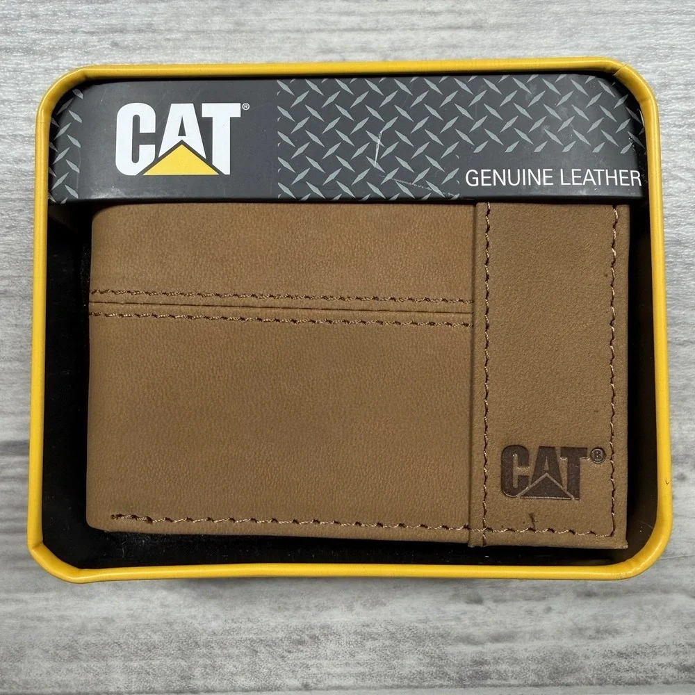CAT CATERPILLAR GENUINE LEATHER BI-FOLD RFID SHIELD MEN WALLET COLOR TAN NEW