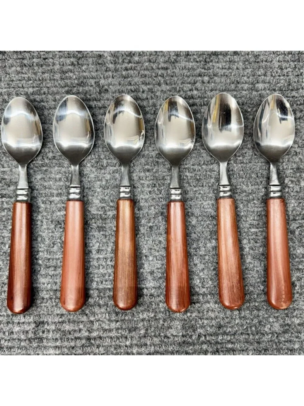 Faberware Silverware Lot Of 6 Spoons Faux Wood Brown Handle Set Oval Vintage