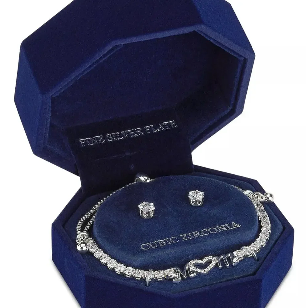 NEW Silver Plate MOM BRACELET & Solitaire EARRINGS Set Adjustable CZ Boxed