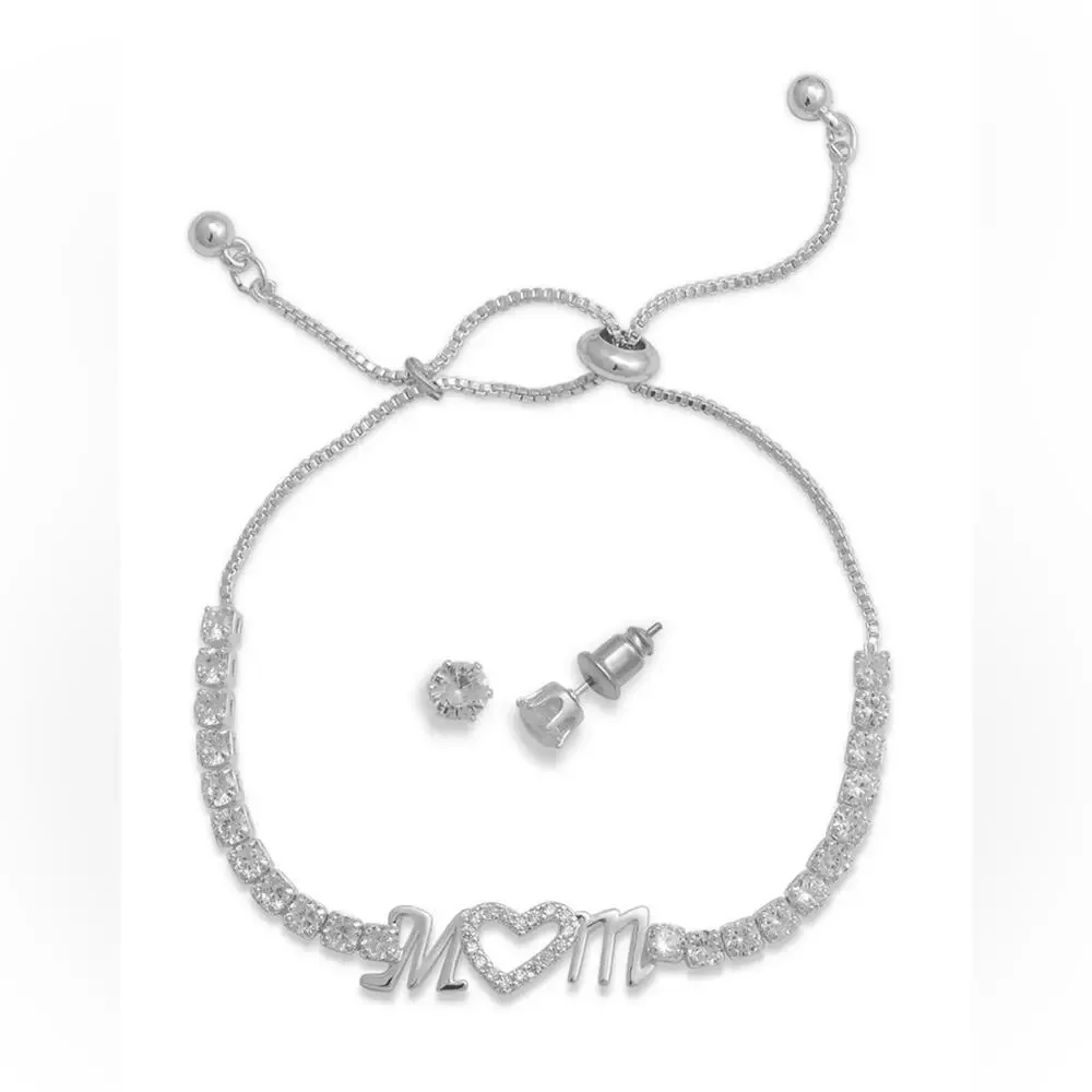 NEW Silver Plate MOM BRACELET & Solitaire EARRINGS Set Adjustable CZ Boxed