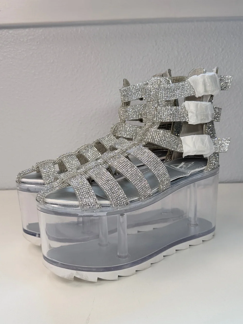 Rhinestone Sparkle Platform Sandals Clear Fillable bottom Shoes Size 9 Fun