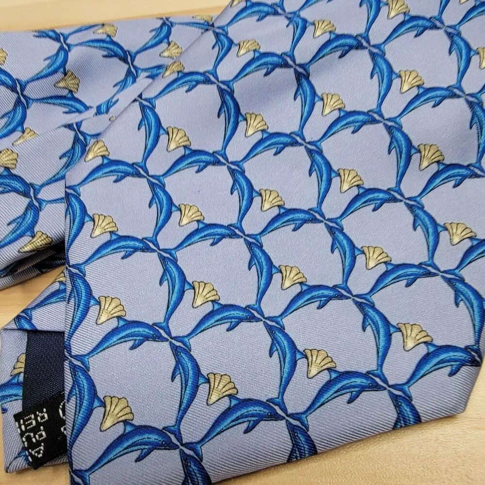 Lanvin Paris Dolphin Print Silk Tie Blue Sea Life Ocean Marine Novelty Necktie