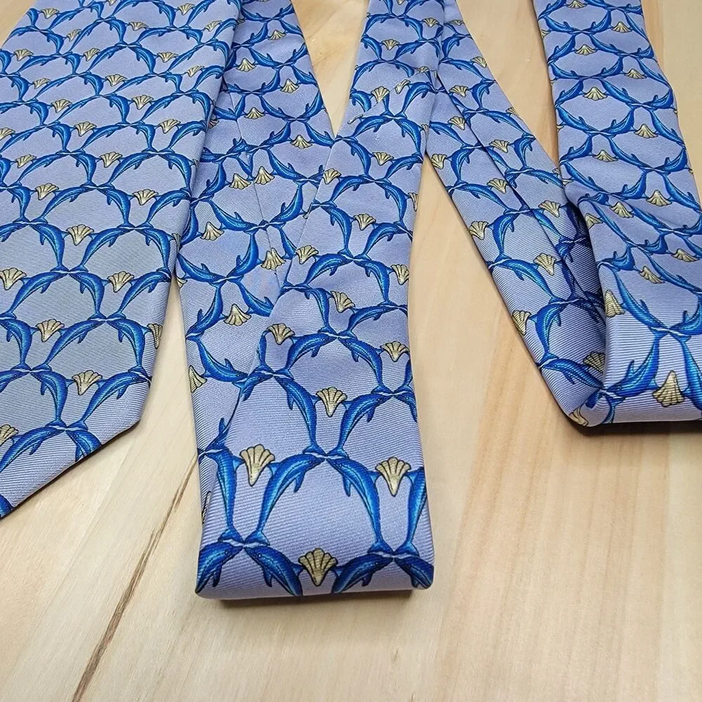 Lanvin Paris Dolphin Print Silk Tie Blue Sea Life Ocean Marine Novelty Necktie
