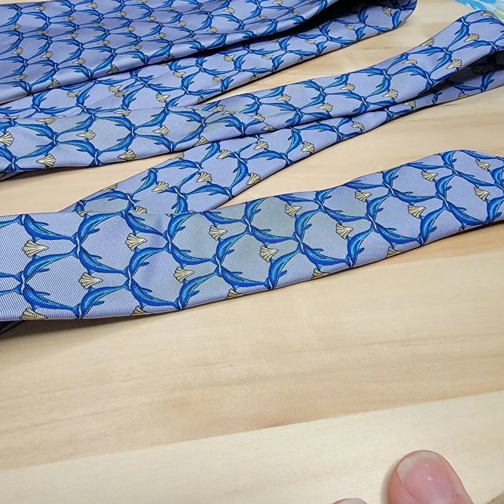 Lanvin Paris Dolphin Print Silk Tie Blue Sea Life Ocean Marine Novelty Necktie