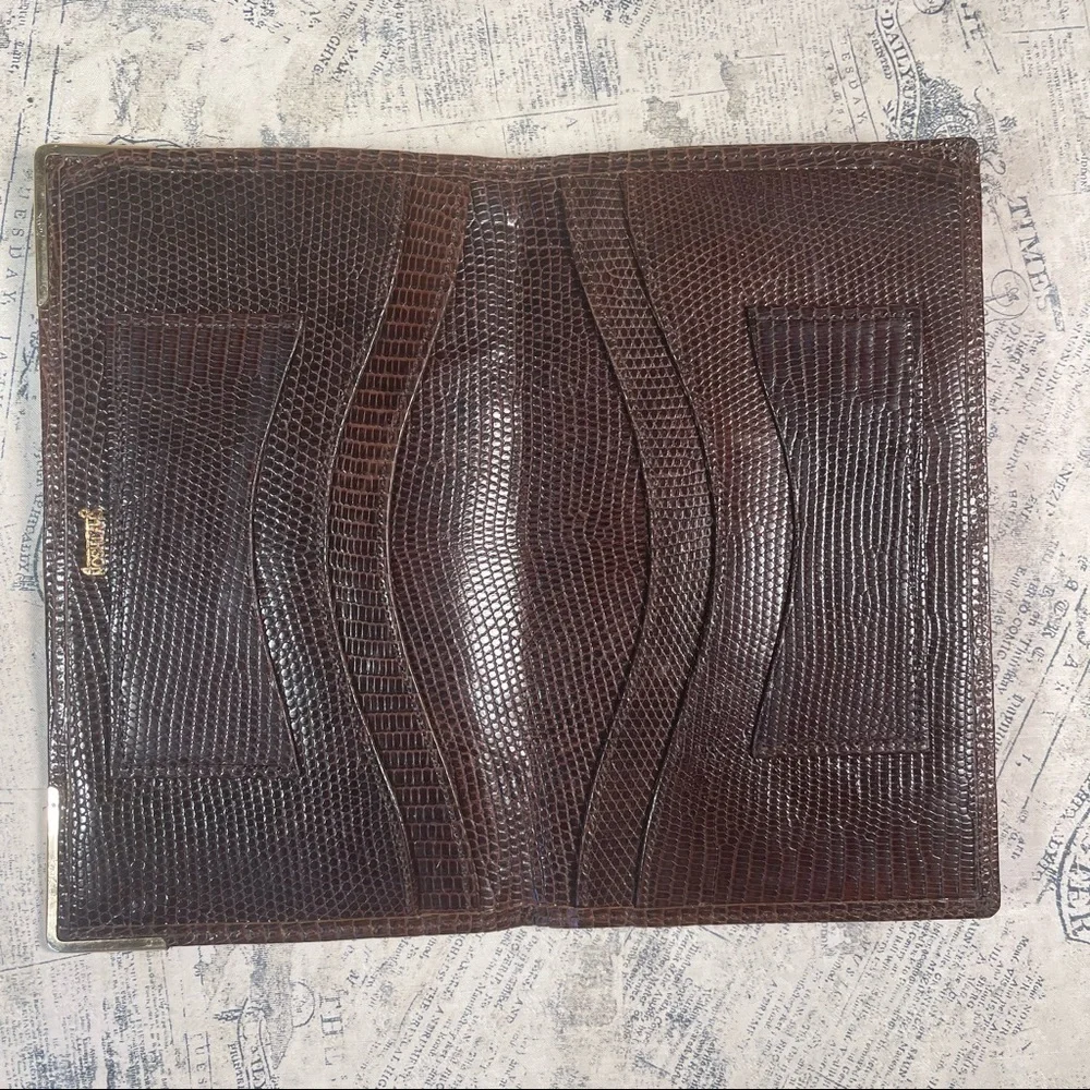 Smythson Antique lizard skin passport wallet with gold corners