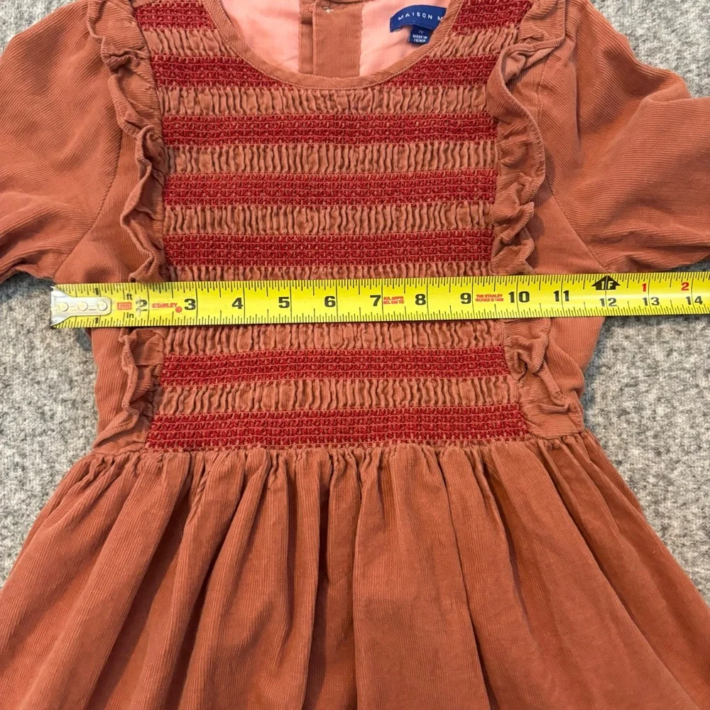 Maison Me Girls Dress Size 7 Rust Corduroy Smocked Long Sleeve Ruffle Cotton