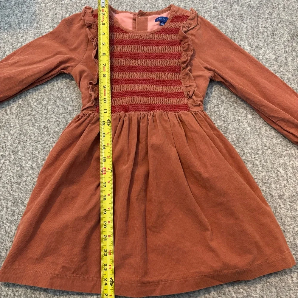 Maison Me Girls Dress Size 7 Rust Corduroy Smocked Long Sleeve Ruffle Cotton