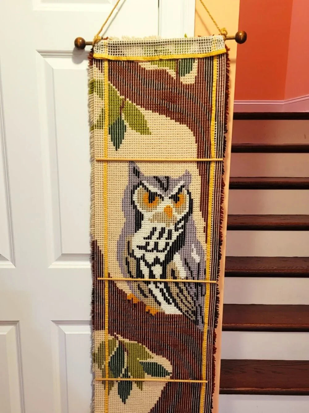 1970s Retro Big Gray Owl Resting on a Tree Hand Made Hook & Latch Wall Hanging