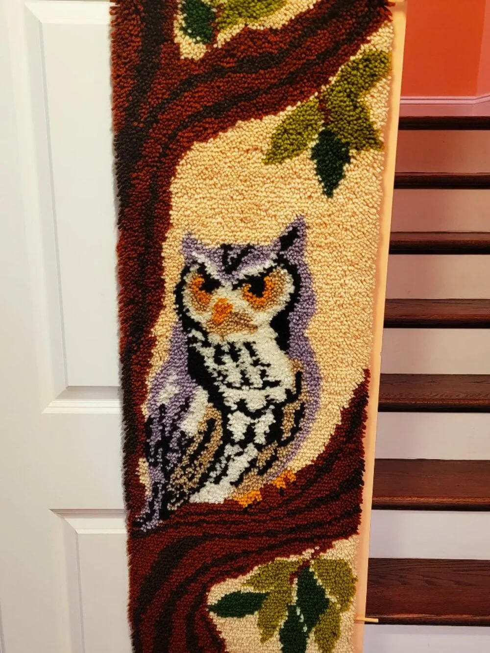 1970s Retro Big Gray Owl Resting on a Tree Hand Made Hook & Latch Wall Hanging