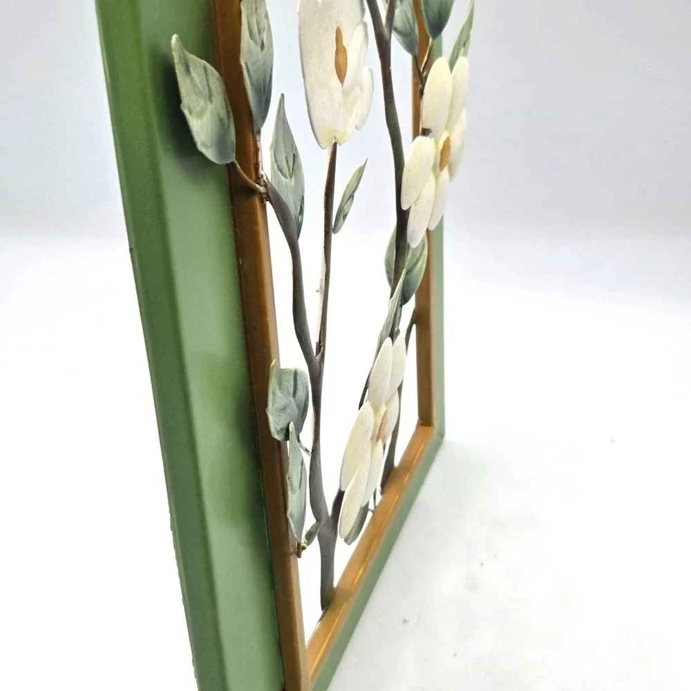 2pc Blooming White Magnolias 3-D Wall Sculptures Framed Metal Art Cottage Core