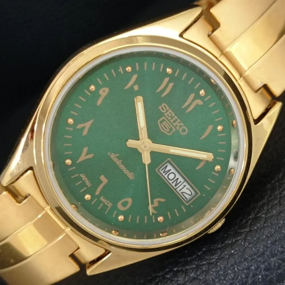 Vintage 1979 Seiko Automatic Mens Gold Watch W/daydate & Green accents