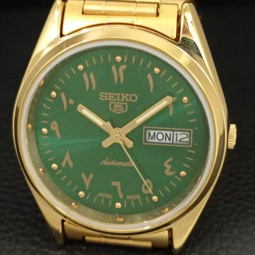 Vintage 1979 Seiko Automatic Mens Gold Watch W/daydate & Green accents