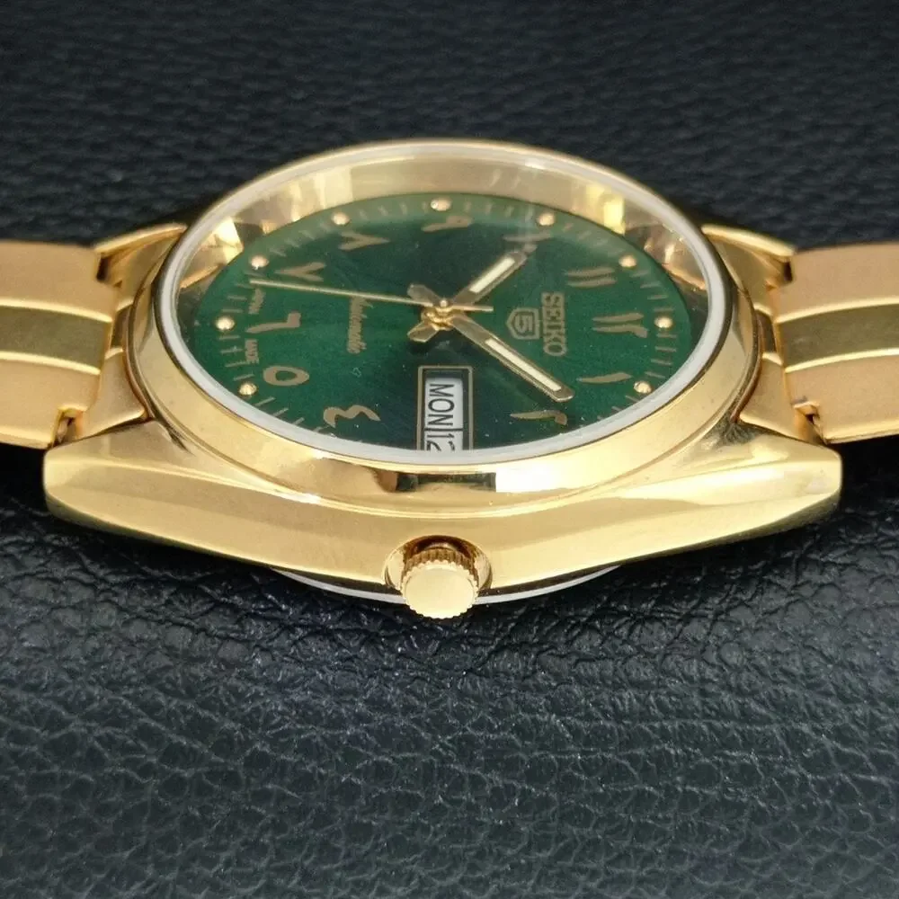 Vintage 1979 Seiko Automatic Mens Gold Watch W/daydate & Green accents