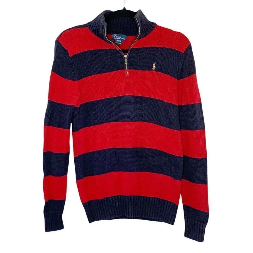Ralph Lauren Polo Boy’s 1/4 Zip Navy Blue & Red Cotton Sweater Size Large 16-18