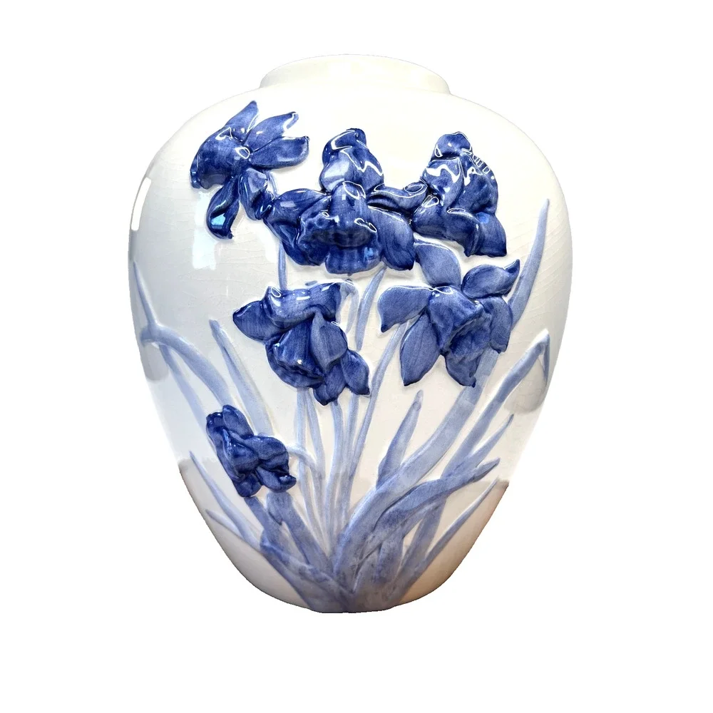 Pereiras Portugal Hand Painted Blue &White Floral Vase‎ Ceramic Pottery