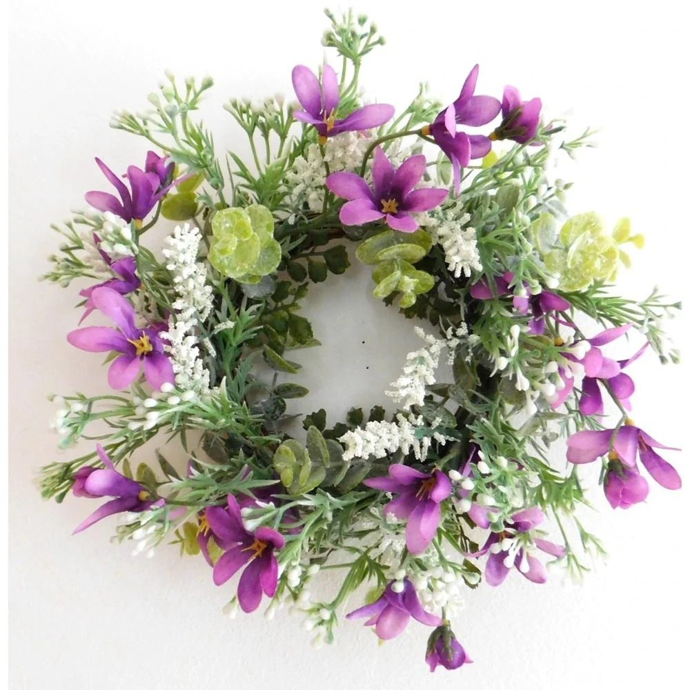 Dusty Miller Mini Wreath Eucalyptus Purple Flowers Candle Ring‎