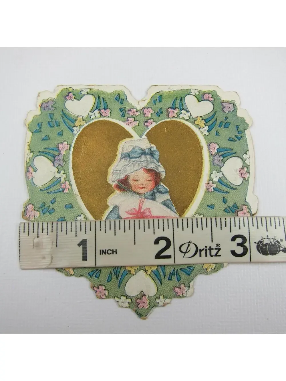 Vintage Valentine Card Die cut Girl Blue Dress & Bonnet Hat Hearts Flowers Gold