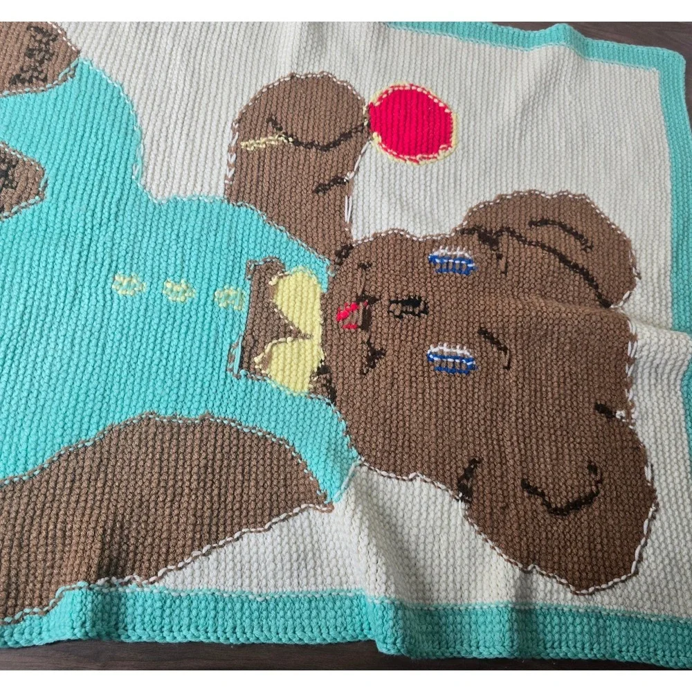 Handmade Crochet Baby Blanket Teddy Bear Aqua Yellow Bow Lollipop Vtg‎ Design