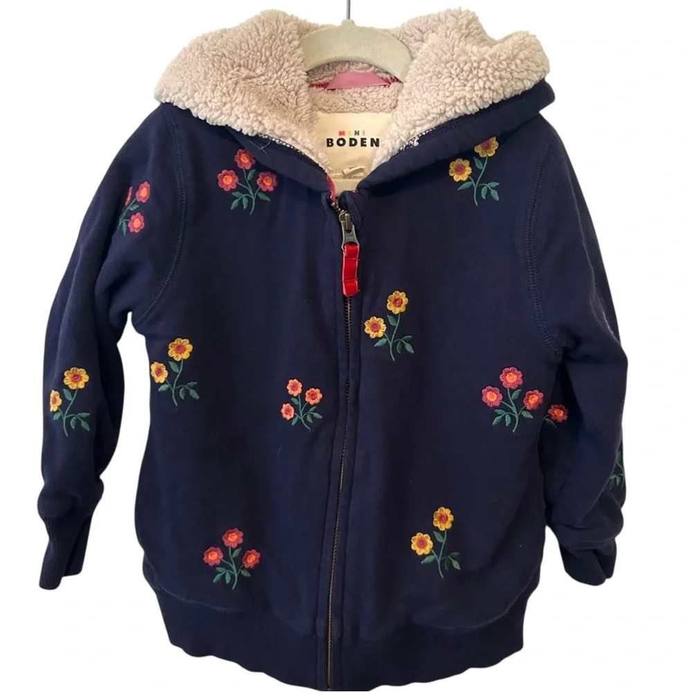 Mini Boden Kid's Navy Floral Embroidered Fleece‎ Lined Hoodie in Size 4-5Y