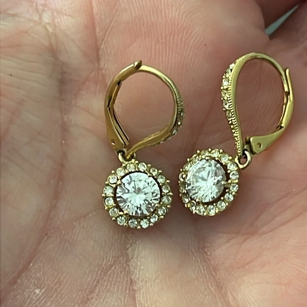 Nadri Framed Round CZ Halo Drop Earrings Gold Leverback