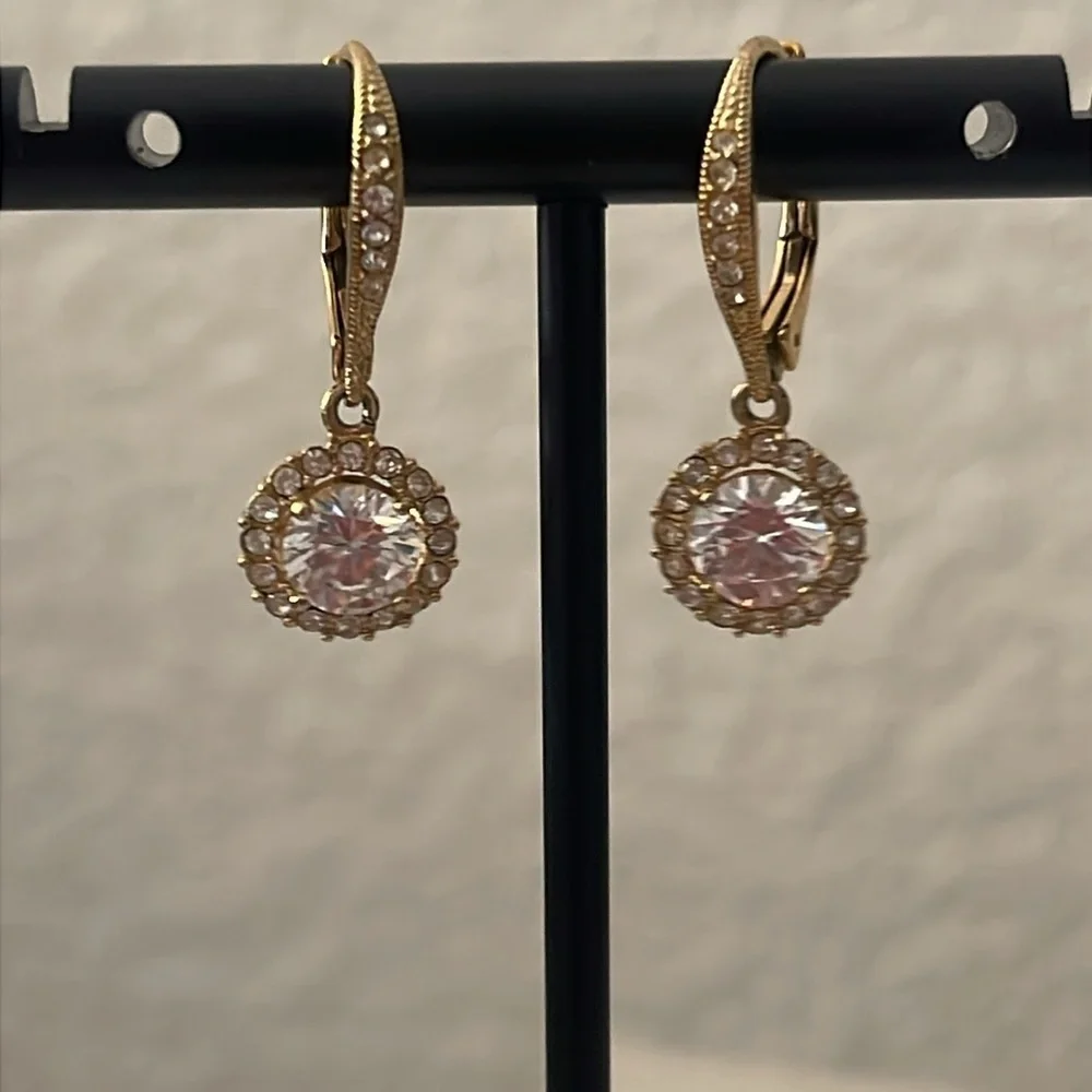 Nadri Framed Round CZ Halo Drop Earrings Gold Leverback