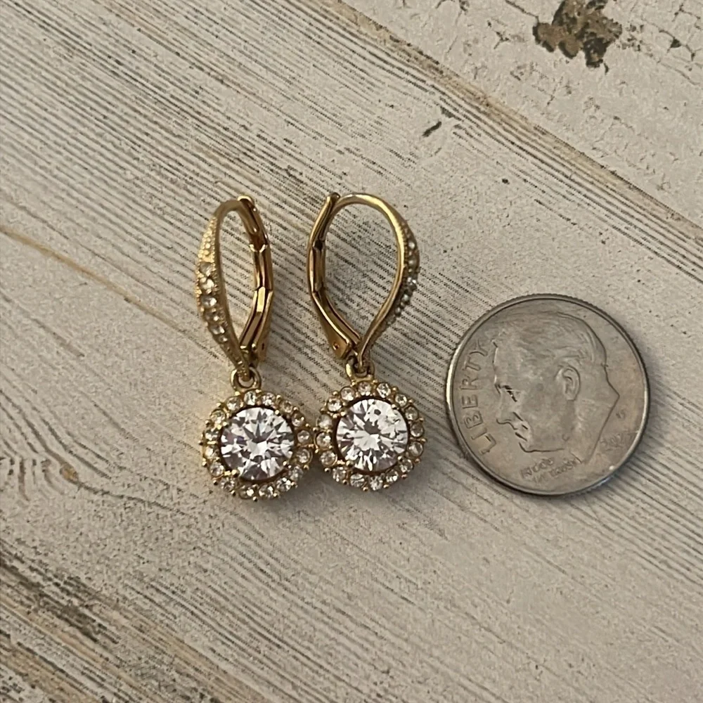 Nadri Framed Round CZ Halo Drop Earrings Gold Leverback