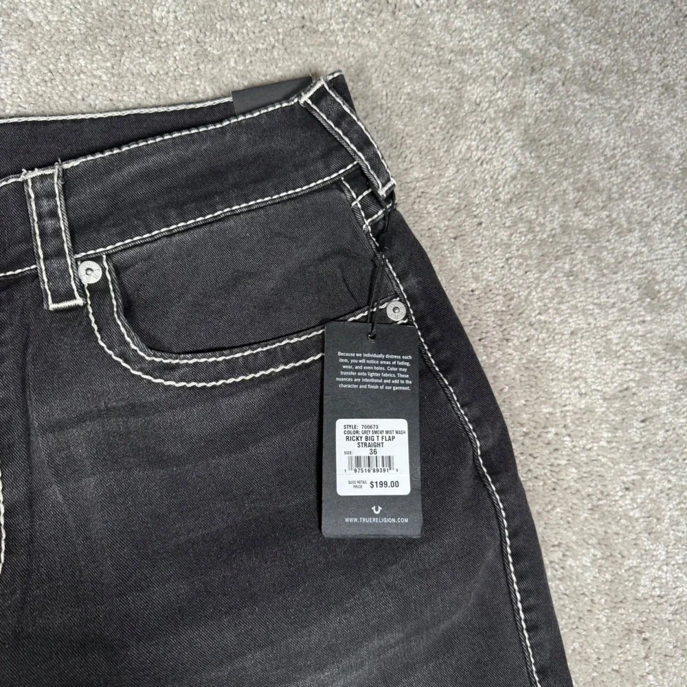 NWT True Religion Ricky Big T Flap Straight Men's‎ 36x33 Jeans Grey Smoky Denim