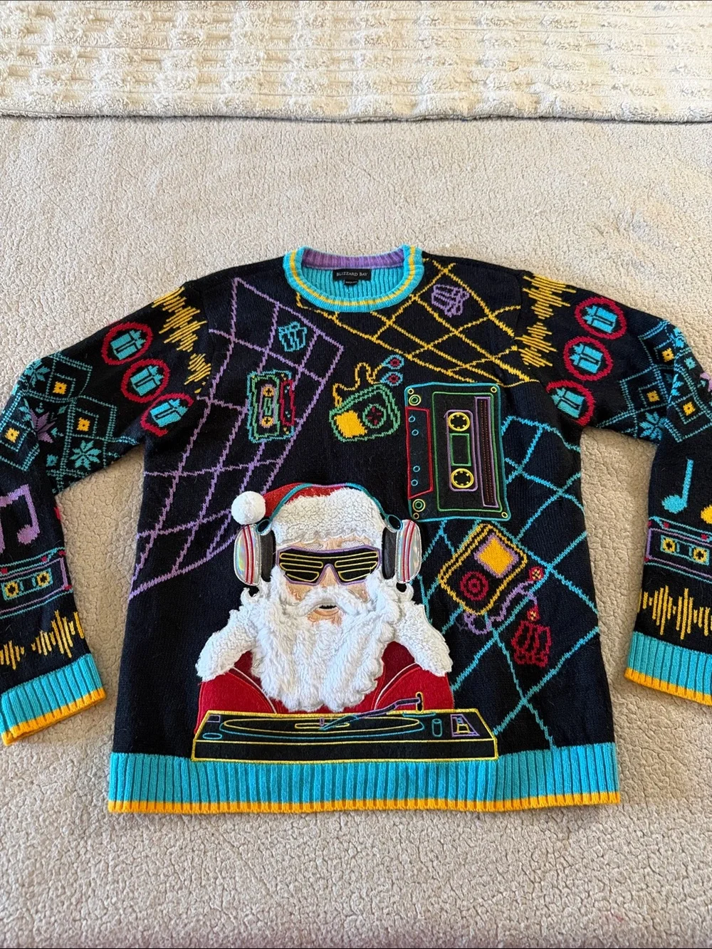 Black DJ Santa Graphic Crewneck Sweater with Multicolor Accents Large