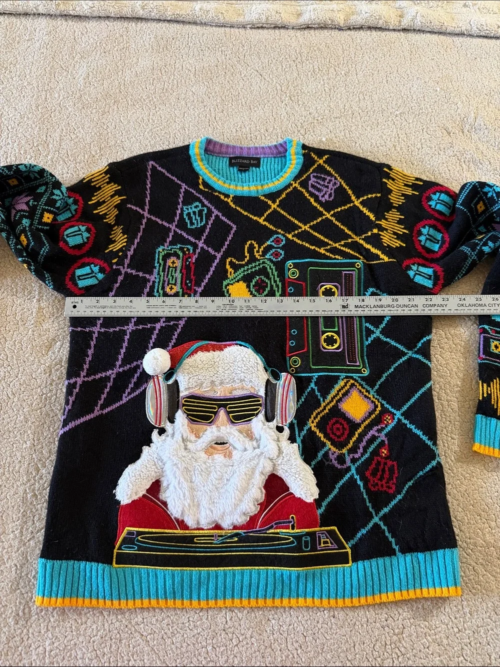 Black DJ Santa Graphic Crewneck Sweater with Multicolor Accents Large