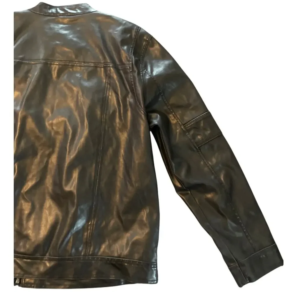 BKE Mens Vtg Quality Faux Leather DK Brown LS Moto Jacket Band Collar Zip XL