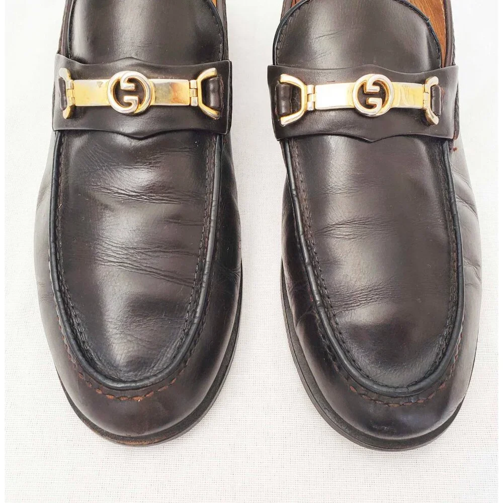 Vintage Gucci Men's Dark Brown Leather Loafers Shoes with Gold GG Buckle 42.5