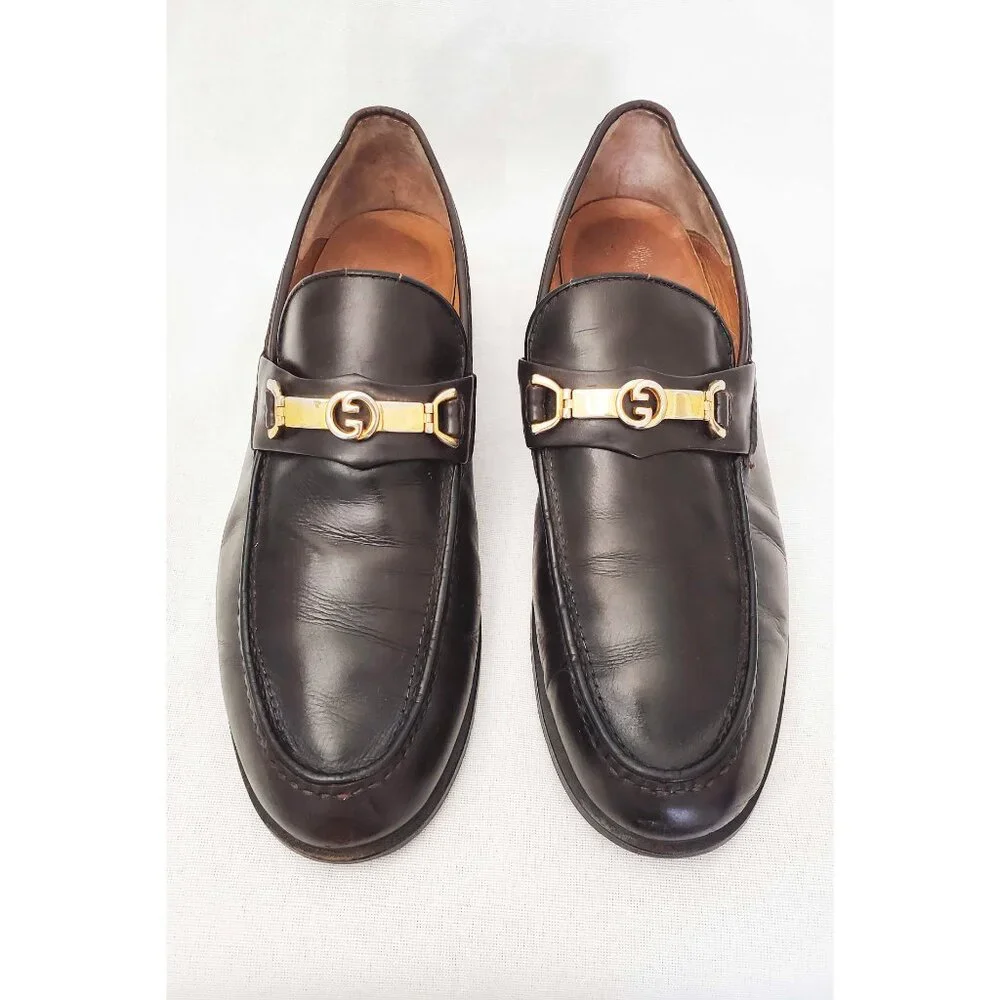 Vintage Gucci Men's Dark Brown Leather Loafers Shoes with Gold GG Buckle 42.5