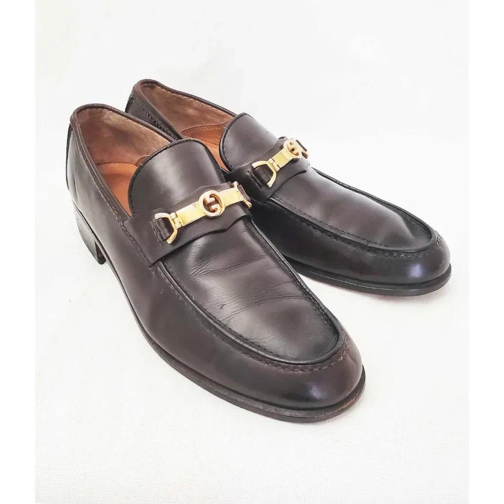 Vintage Gucci Men's Dark Brown Leather Loafers Shoes with Gold GG Buckle 42.5