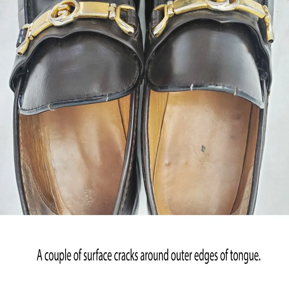 Vintage Gucci Men's Dark Brown Leather Loafers Shoes with Gold GG Buckle 42.5