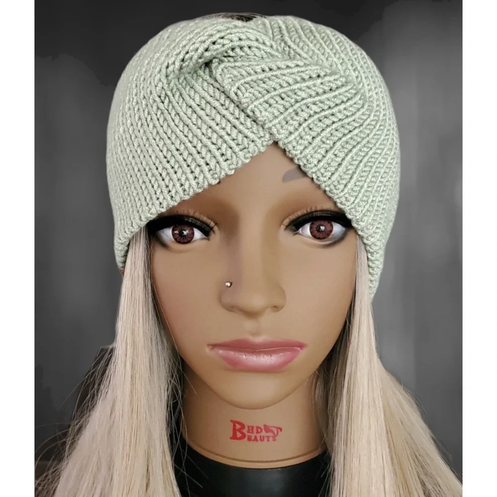 Handmade Knit Twisted Headband | Green Winter Ear Warmer | Cozy Knit Hairband‎