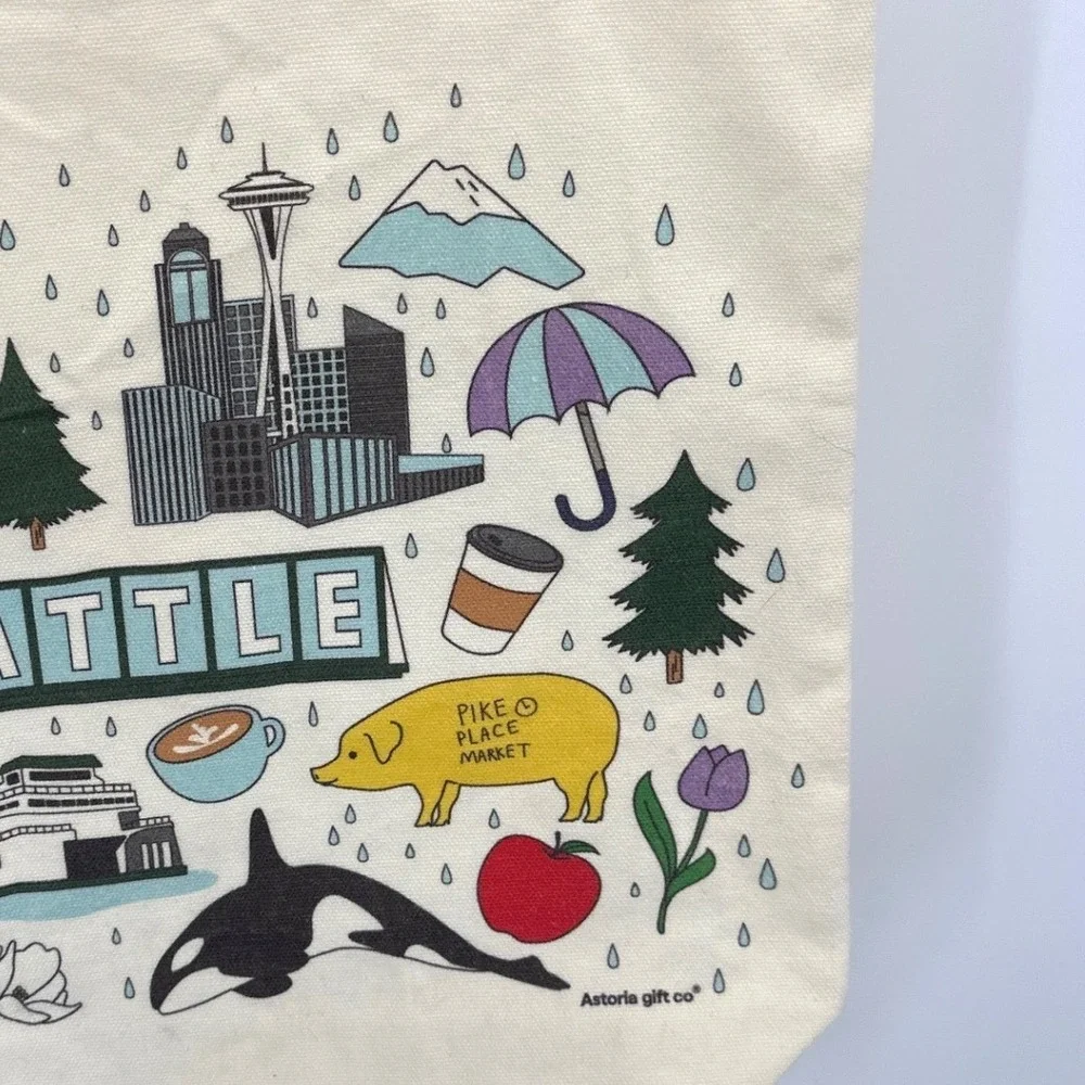 Astoria Gift Co Seattle Public Market Center Canvas Tote Bag Souvenir Cream