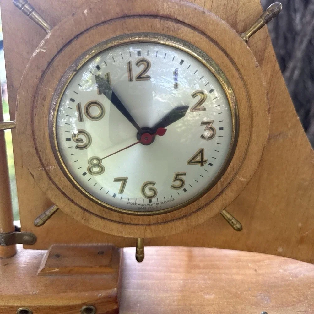 Vintage Sessions Wooden Sailboat Mantel Clock Nautical Ship Wheel Electric USA