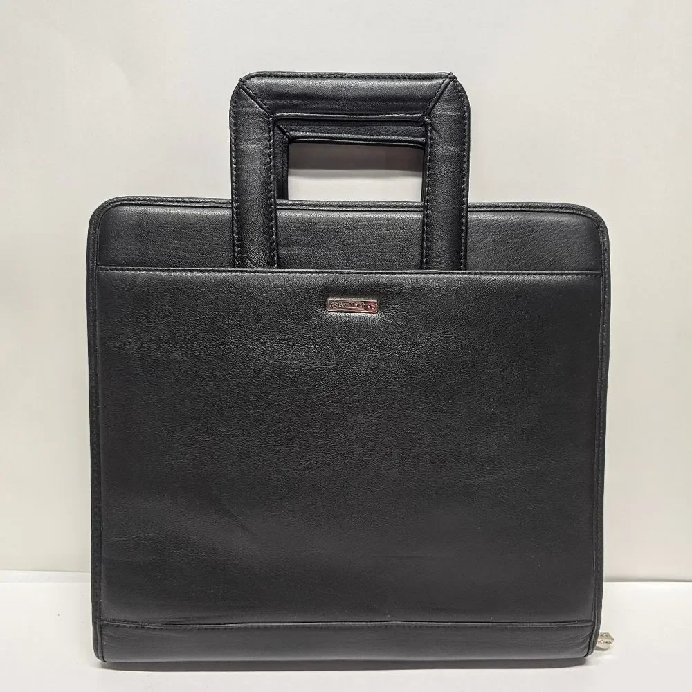 Franklin Covey Black Leather Zipper 3 Ring Binder Briefcase Retractable Handles