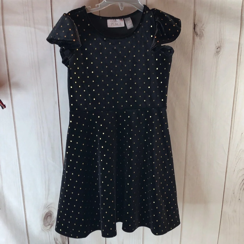 The Children’s Place elegant black velvet like dress gold glittery dots girls 5T