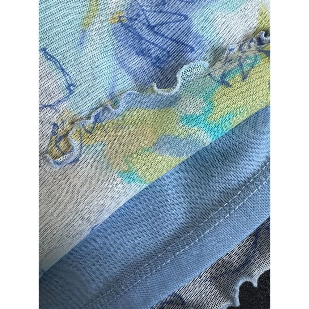 Vintage Y2K Pastel Floral Mesh Top Lettuce Hem Fairycore Baby Tee size Medium