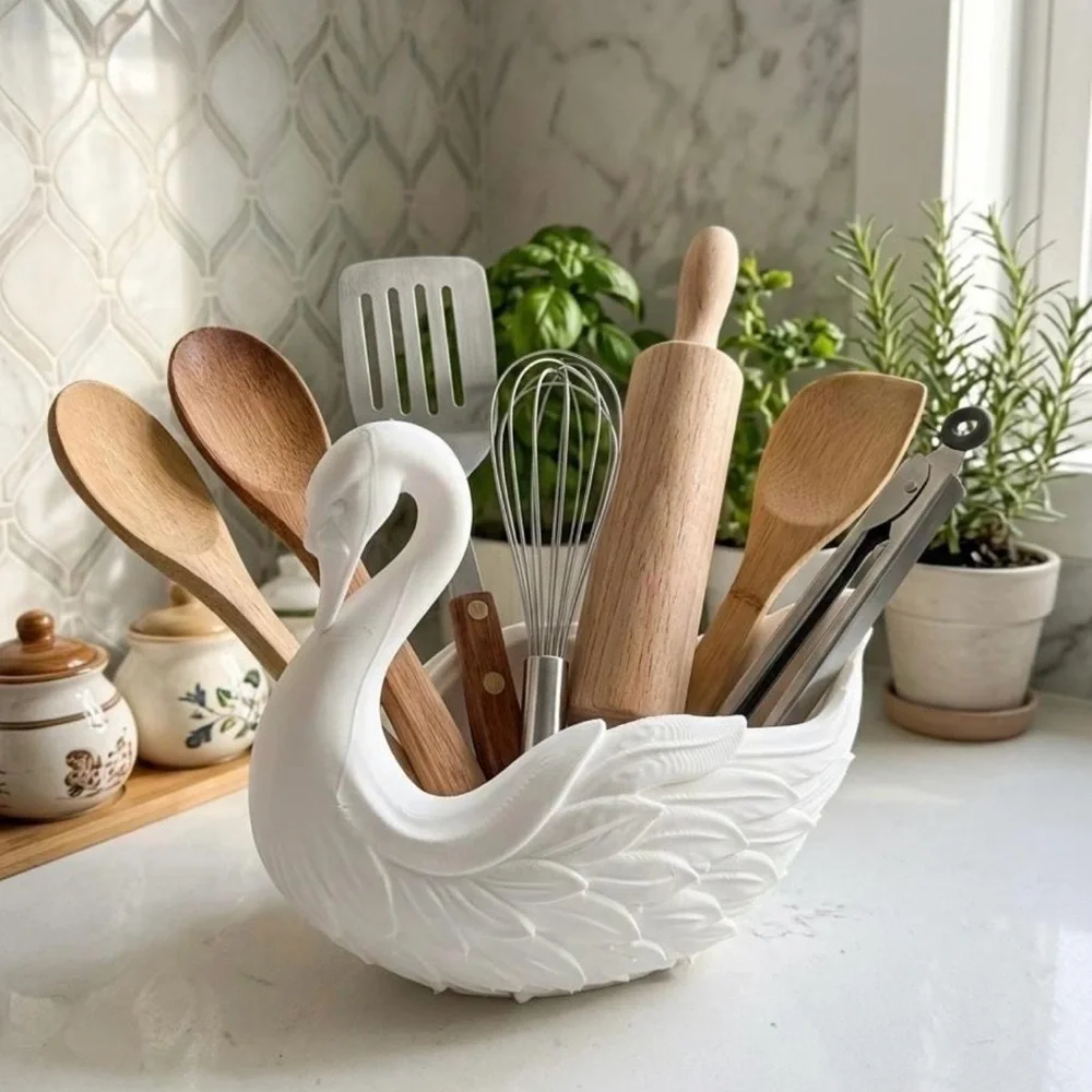 3D printed Swan Utensil Holder - Elegant Kitchen Counter Organizer