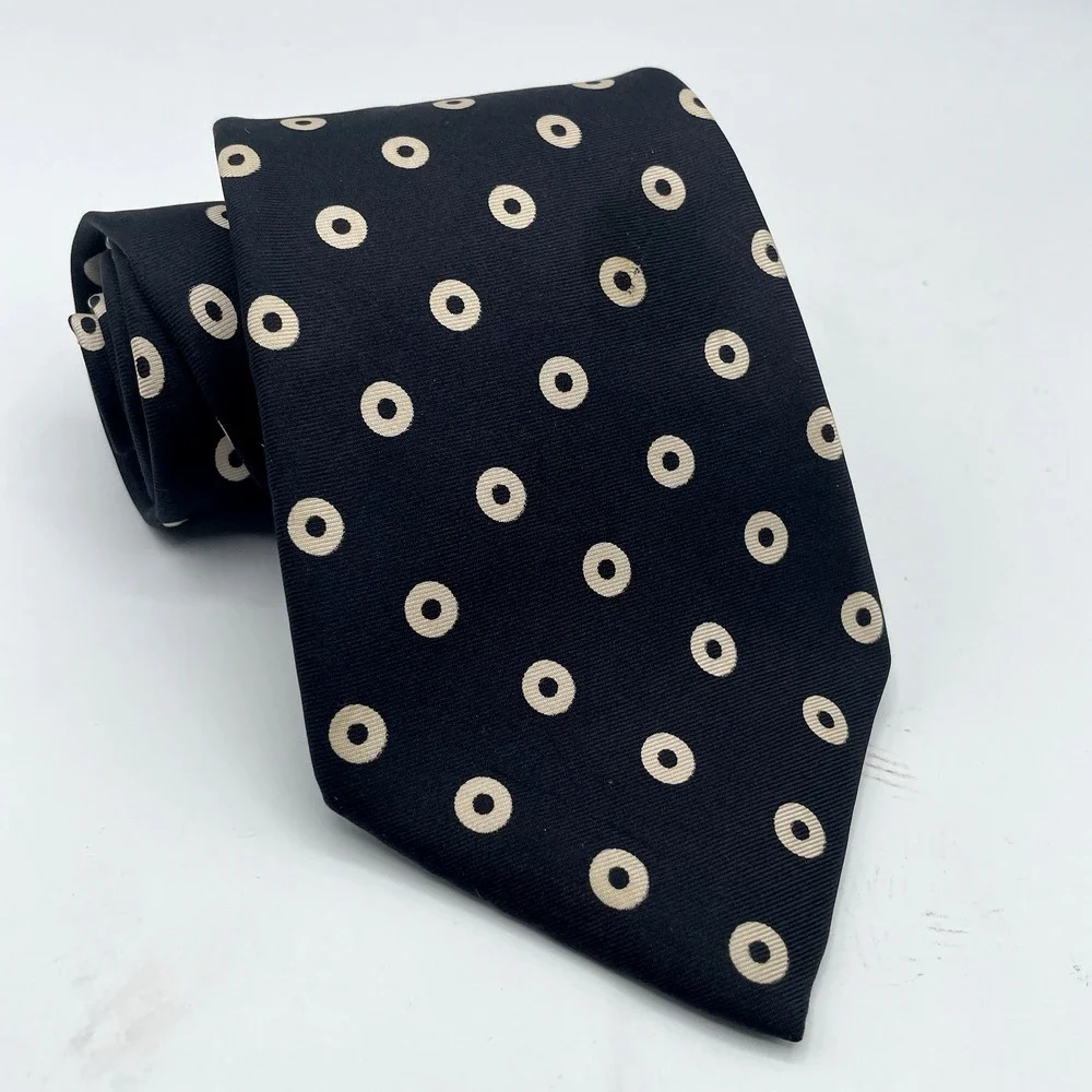 Vintage Christian Dior 100% Silk Necktie 57 Inch Black Bullseye Dots Pattern USA