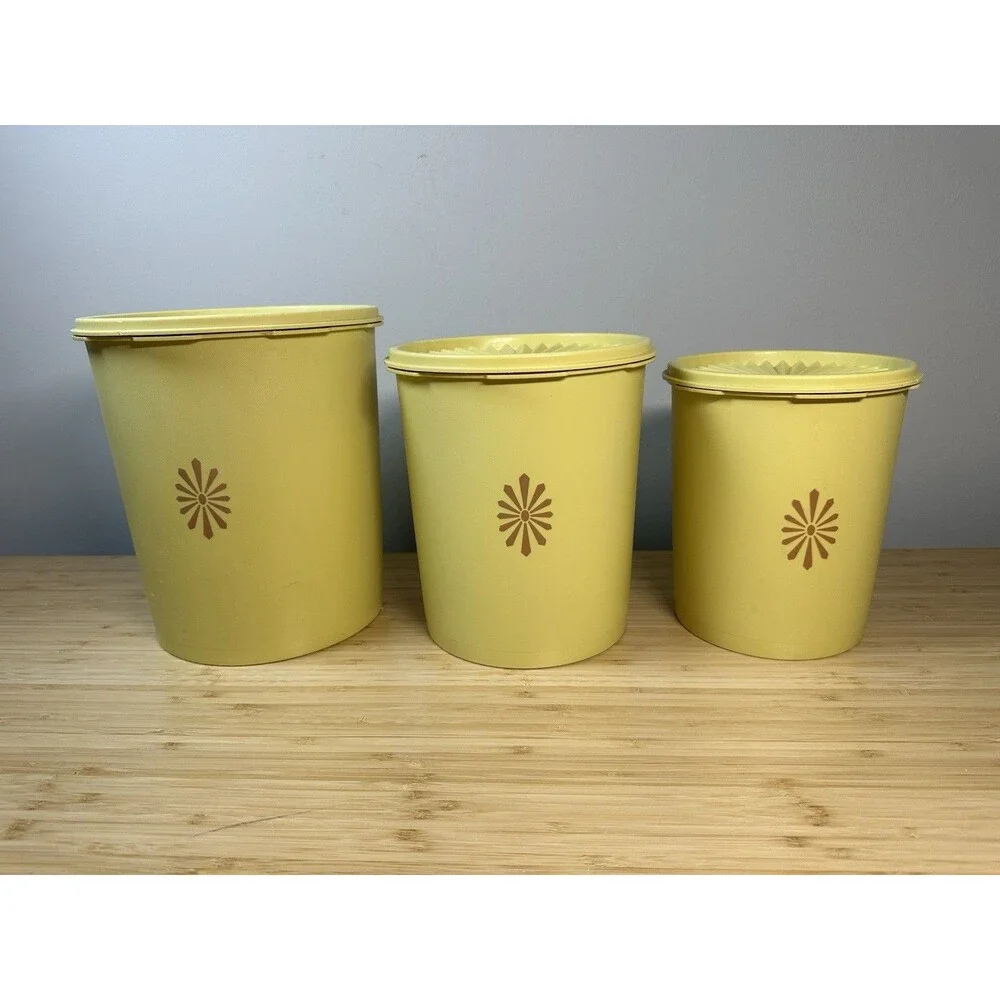 Vtg TUPPERWARE Harvest Gold Sunburst Servalier Canister Nesting 3 MCM Retro 70s