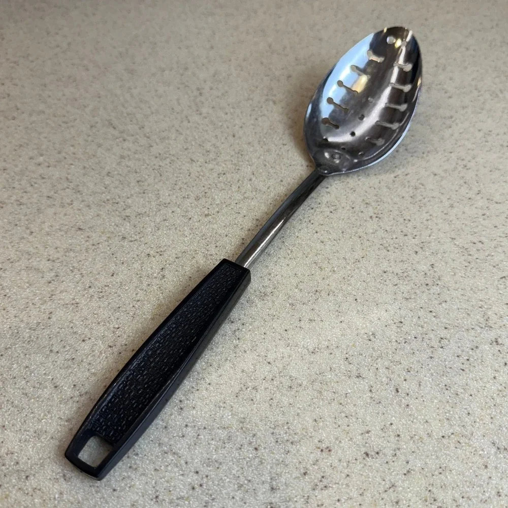 Vintage EKCO Slotted Spoon Chromium Plated Black Handle USA Kitchen Utensil