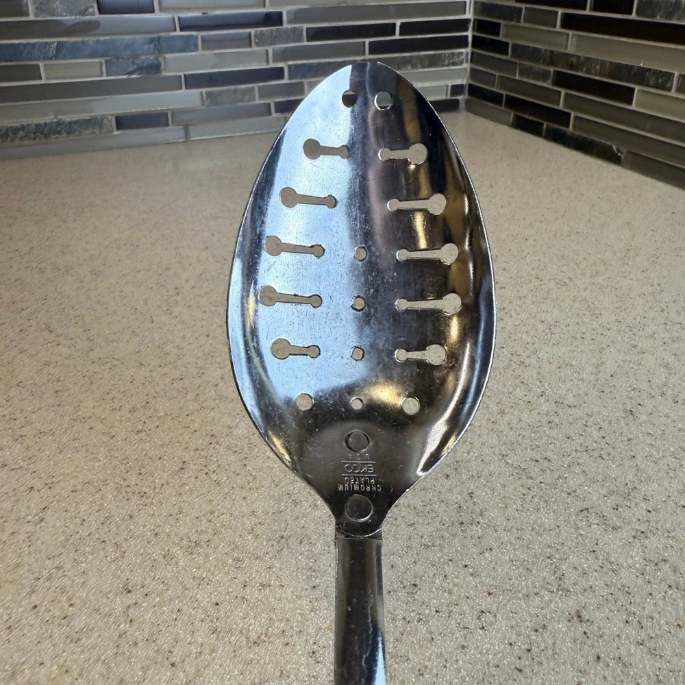 Vintage EKCO Slotted Spoon Chromium Plated Black Handle USA Kitchen Utensil