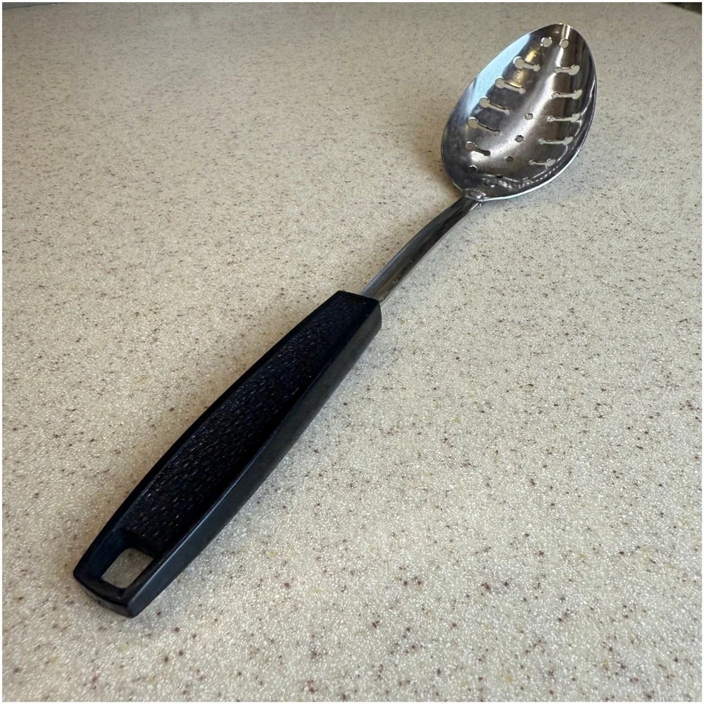 Vintage EKCO Slotted Spoon Chromium Plated Black Handle USA Kitchen Utensil